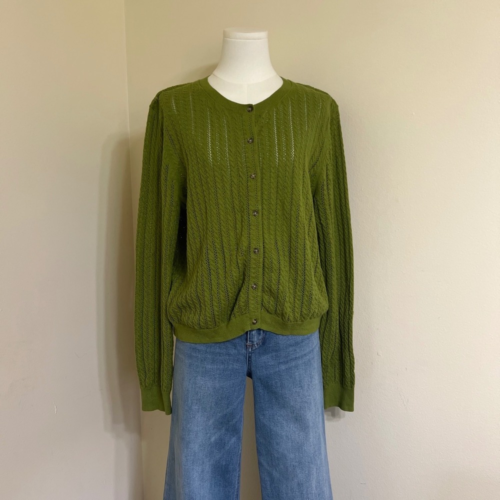 Gap Green Pointelle Cable Knit Button Front Cardigan Sweater Crew Neck Large - Picture 3 of 7